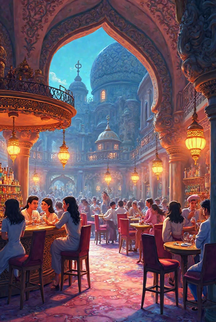 Bar in Aladdin house using cartoon colors 