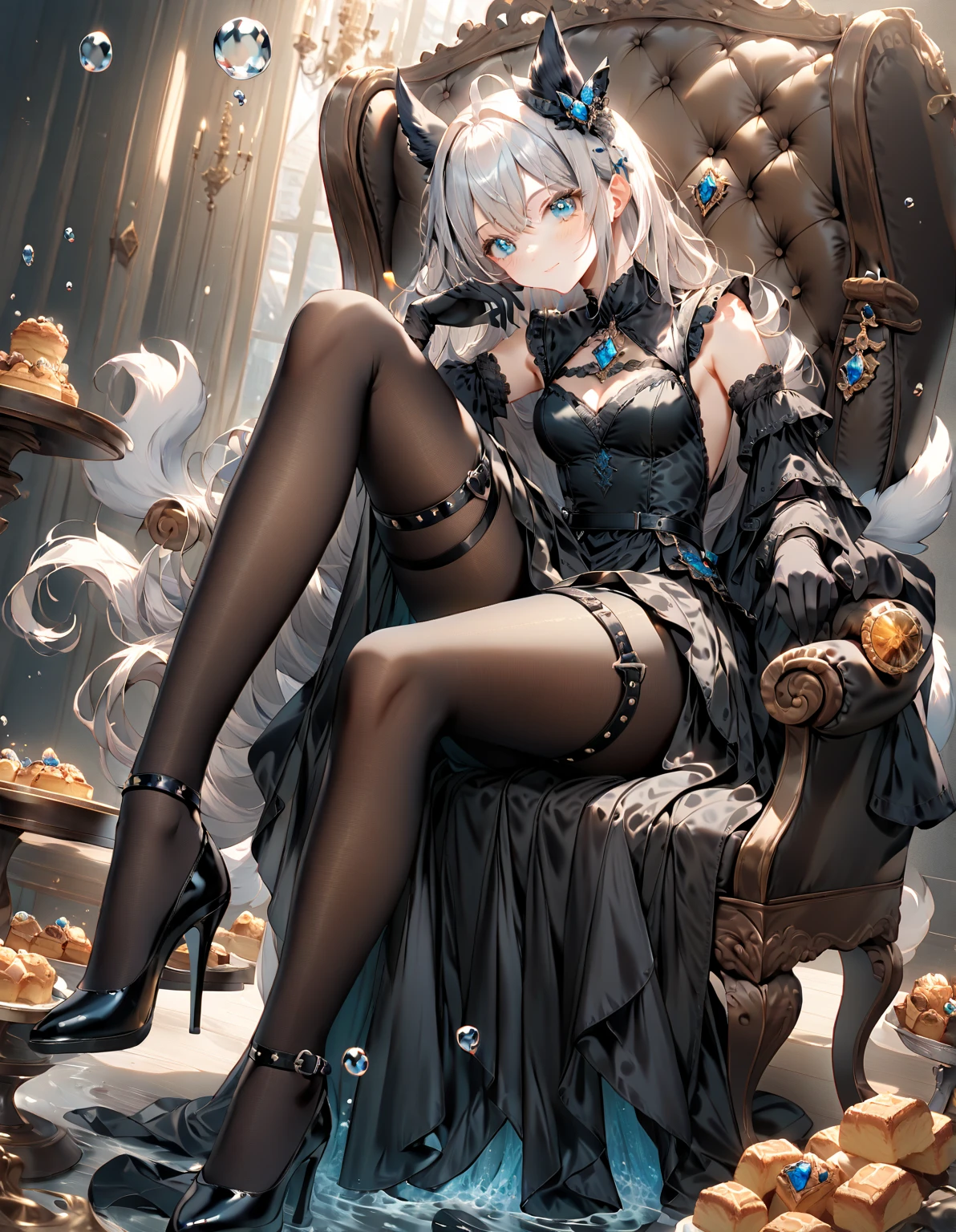 Meisterwerk, best quality,super nice illustration, perfekte Anatomie, richtige Anatomie, Perfekte Proportionen, perfektes Gesicht, perfect hands, perfekte Beine, perfekte Finger, perfect hands, Professionelle Beleuchtung, best quality, ultra detailliert, extremelydelicateandbeautiful, 4k, 8k,,1 girl, fox girl, (((mehrfarbige Haare:1.2)(schwarz 1.1)(rot 1.1), Fuchsohren, lange Haare, Fuchsschwanz, Schwarzes Kleid, Fishnet stockings, sweet expression, highres, best quality, Meisterwerk,deutlich gezeichnetes Gesicht, Beautiful eyes, beautifully detailed eyes, sehr detaillierte Augen, Schleife, Halsband, Betrachter betrachten, Haarspange mit Totenkopf, green eyes, Kopfschuss