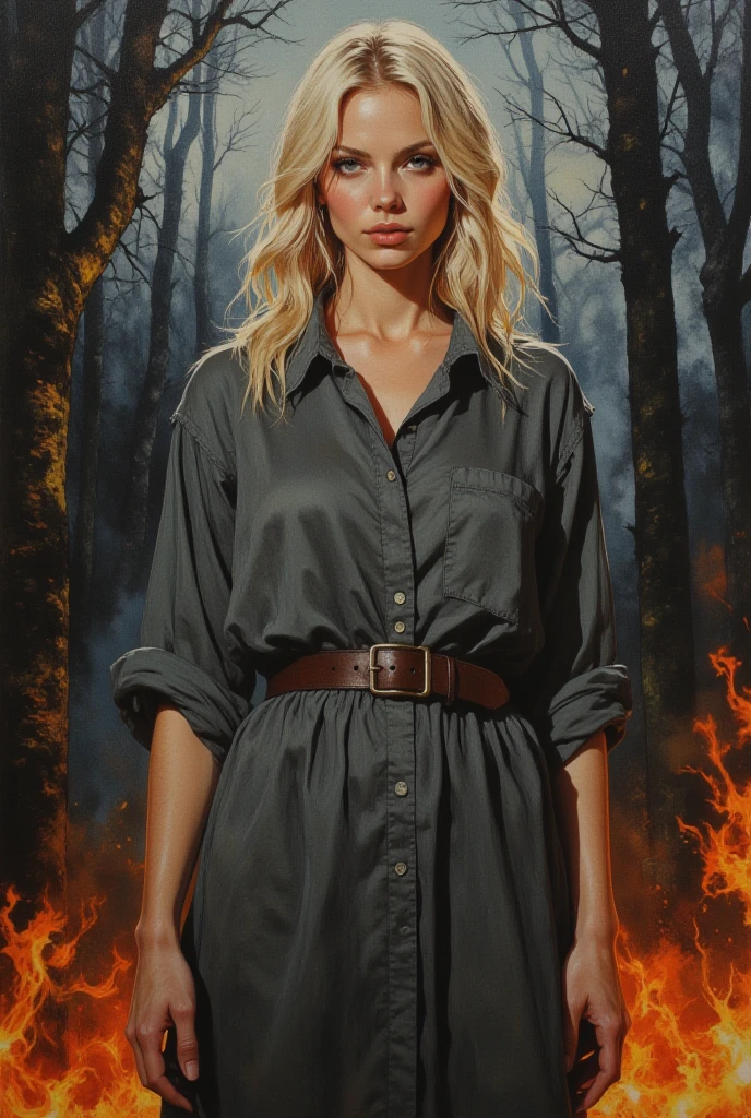 oil painting, ???? woman, 25 years old, blonde, shoulder length hair, dark gray history silk button-down shirt like dress, leather belt, watercolor background of a gloomy forest, black fog, dynamic pose, roaring magic around, fire on the ground, lightning in the sky, portrait, looking straight into the camera, large strokes, high quality details