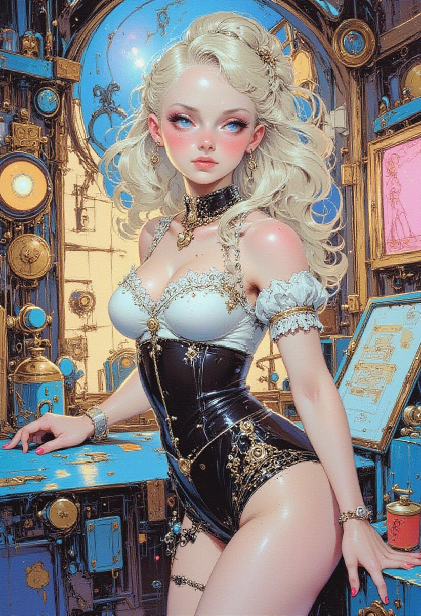 Masterpiece, perfect face, Young face, cute face, 1 blonde girl, very large blonde hair, curly hair, Black tight dress, red thong, topless, sensual pose, Glasses, smile, work, C.N.C turning Lathe , Fanuc
