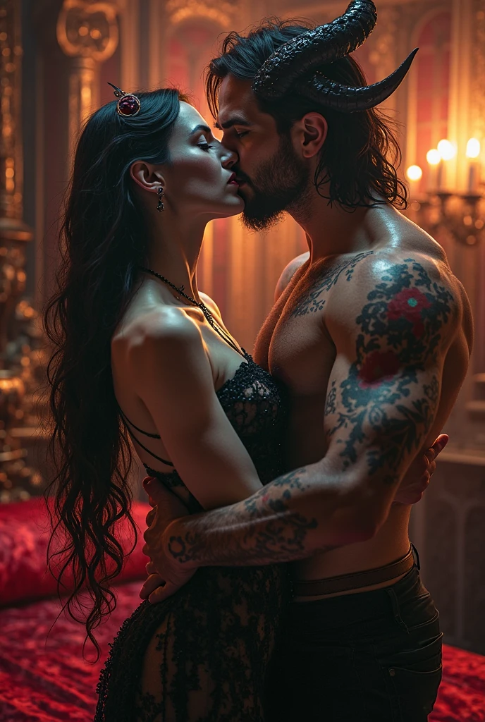 a beautiful woman with black straight hair with red strands passionately kisses a man with a head higher than her, a warrior, with black hair with violet strands, they are both beautiful without beard
