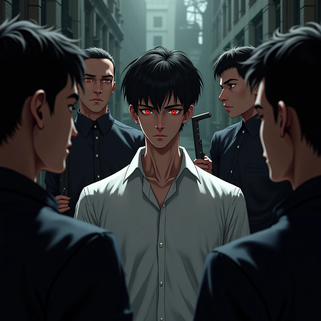 A 25-year-old white-shirted boy with red eyes and long anime fangs confronted head-on with dagger-wielding thugs