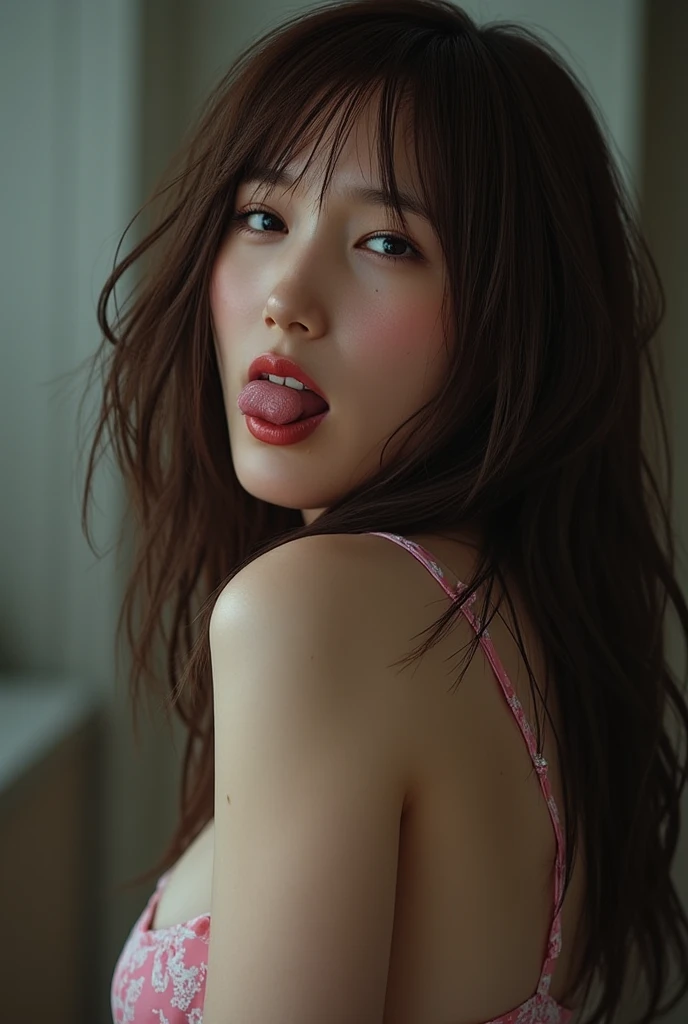(Detailed skin:1.2),(Shiny skin:1.1),8K,Highest quality, masterpiece, Ultra-high resolution,(Realistic:1.4), RAW Photos,(Soft saturation:1),(Fair skin:1.2),(Succubus:1.3),(nude:1.3),Half-Japanese beauty,20 years, Light brown hair,Random Hairstyles, （Long Hair:1.３), Asymmetrical Hair, (Pretty face:1.4), (Normal chest, Tight waist,Big firm hips:1.2), Beautiful lighting, (Sexy Costumes:1.2),(Highly detailed face, Highly detailed lips, fine grain, double eyelid,Highly detailed and evenly balanced eyes), （Sharp focus:1.2）, （Perfect Anatomy:1.3),(Beautiful woman with perfect figure: 1.2）、(Lie down in bed:1.2)，Sharp Eyes,Upscale bedroom,(Open your mouth very wide:1.6)Sticking out tongue、Eyes closed