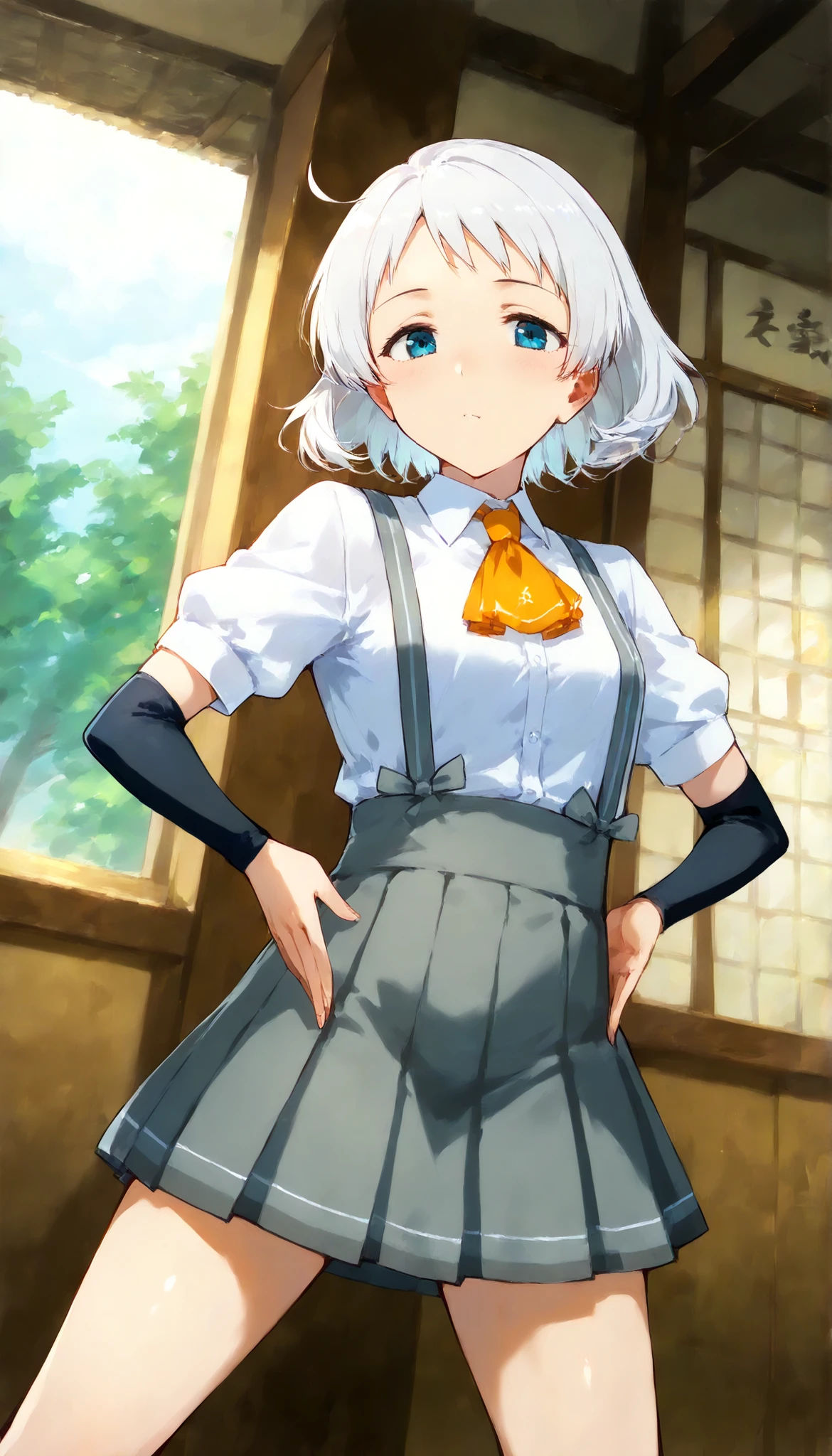 score_9, score_8_up, score_7_up, sauce_anime,
Natsugumo KC, white hair,short hair, white shirt, Short sleeve, pleated skirt,collared shirt, dress shirt, suspenders, Grey Skirt,Arm Warmers, suspendersスカート, Orange Ascot ,
pose, Open Hands , is standing, spread your legs shining on both sides:1.5, Embarrassing Cheek, viewers, Dutch angle, cowboy shot,
