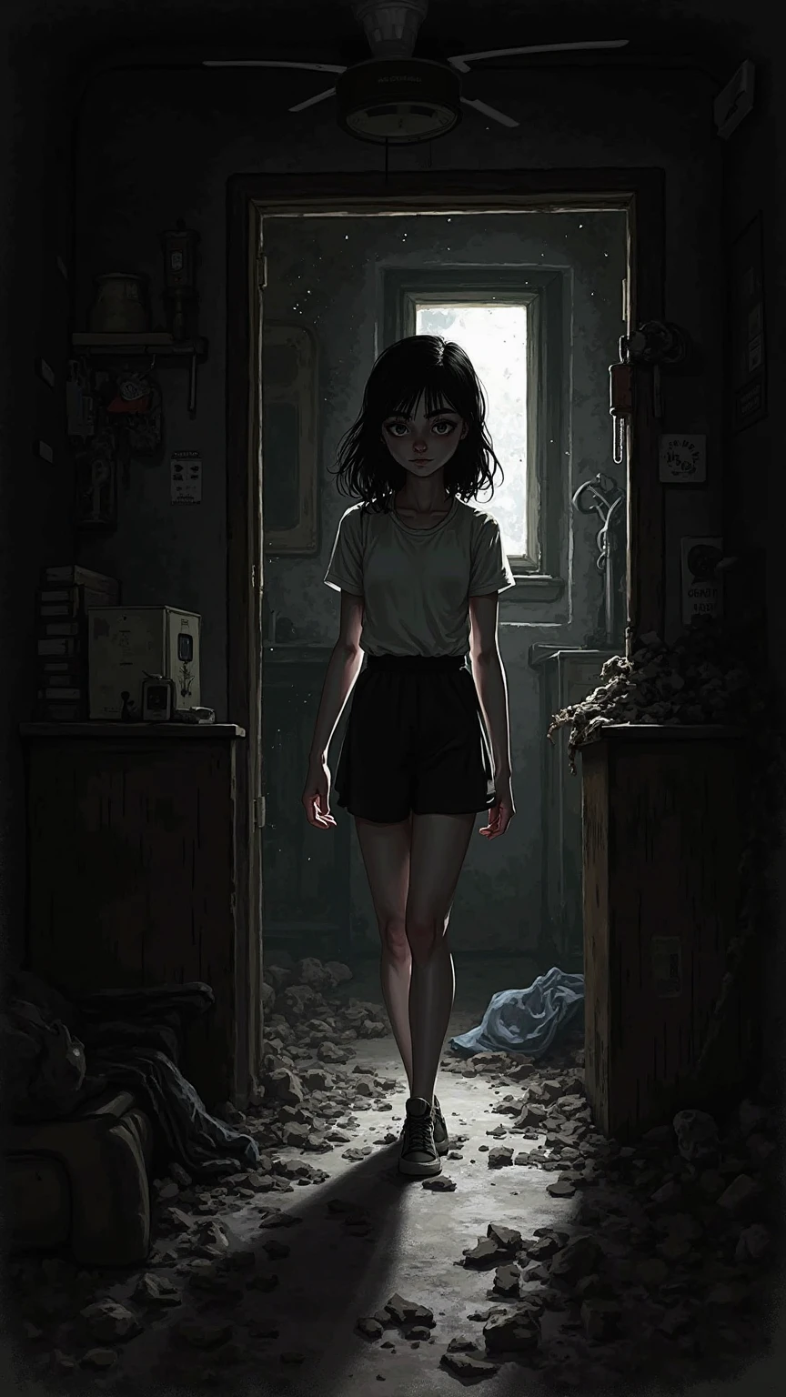 最high quality、high quality、Simple cloth clothing、10Year-old girl adventurer、Descend the maze stairs、Shorts、Equipped with a dagger and a shield、In a dark maze、The body is being swallowed by slime