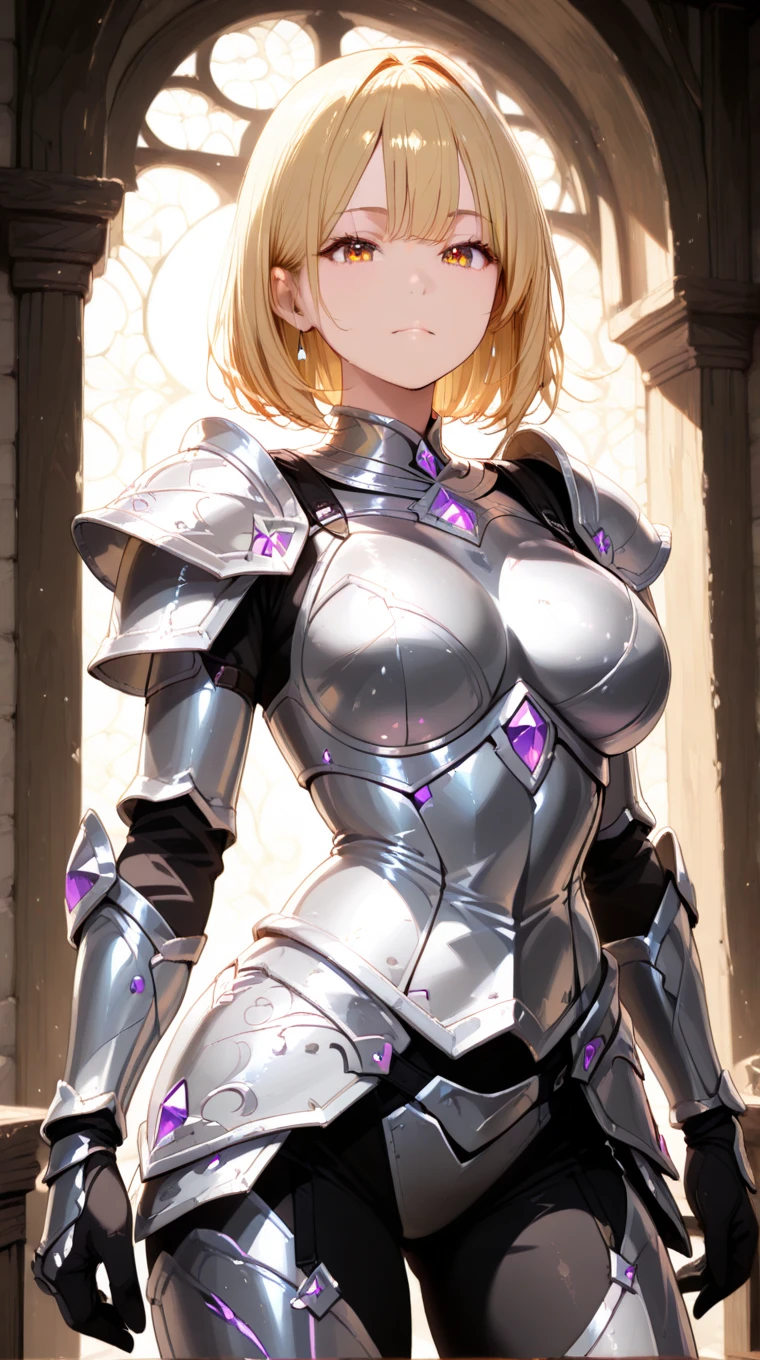 ((((masterpiece, best quality, high resolution)))), Extremely detailed 8K, Beautiful girl with voluptuous body, (Ultra HD, Ultra-detailed, Highly detailed, Highly realistic, Ultra-realistic, photograph realistic), (1girl:1.5), (Realistic white hair), (short wavy hair, hair ornaments, earrings), (dynamic poses), facing at camera, looking at viewer, (blushing red, embarrassed), (purple eyes, sharp eyes), (perky breasts:1.2), (beautiful detailed face, beautiful detailed eyes), ((broken armour, breasts plate, thighs)), (standing up), sweat, glow, (sunbeam, sunlight), ((cowboy shot)), inside dungeon, seductive