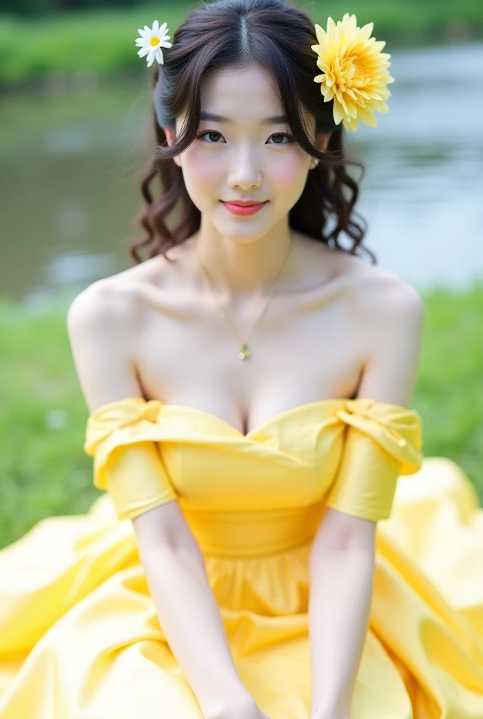 (Best quality, 8k, 32k, Masterpiece, UHD:1.2), Photo of Pretty Japanese woman, 1girl, (RAW photo), (realistic), (photorealistic:1.3), (high res), ultra detailed, Primaballerina_tutu, prima ballerina yellow tutu, incredibly beautifull face and eyes, (loli:1.2), round small face, (gigantic breasts, cleavage), thin waist, slim proportions, from below, (sweaty), forest at dawn, natural lighting,