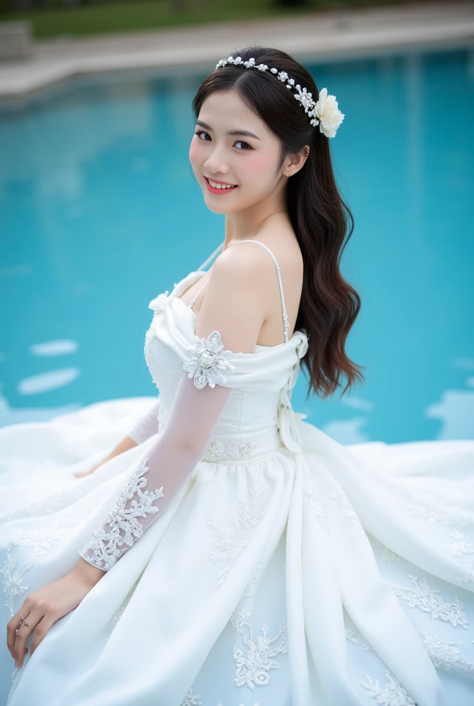 
A girl smiling in a sexy wedding dress, Japanese women。Beautiful breasts。

Textured skin, Flower storm、Front blur, Hair Flower, Lens flare, Sparkle Effect, reflected light, Lakeside。
Bouncing