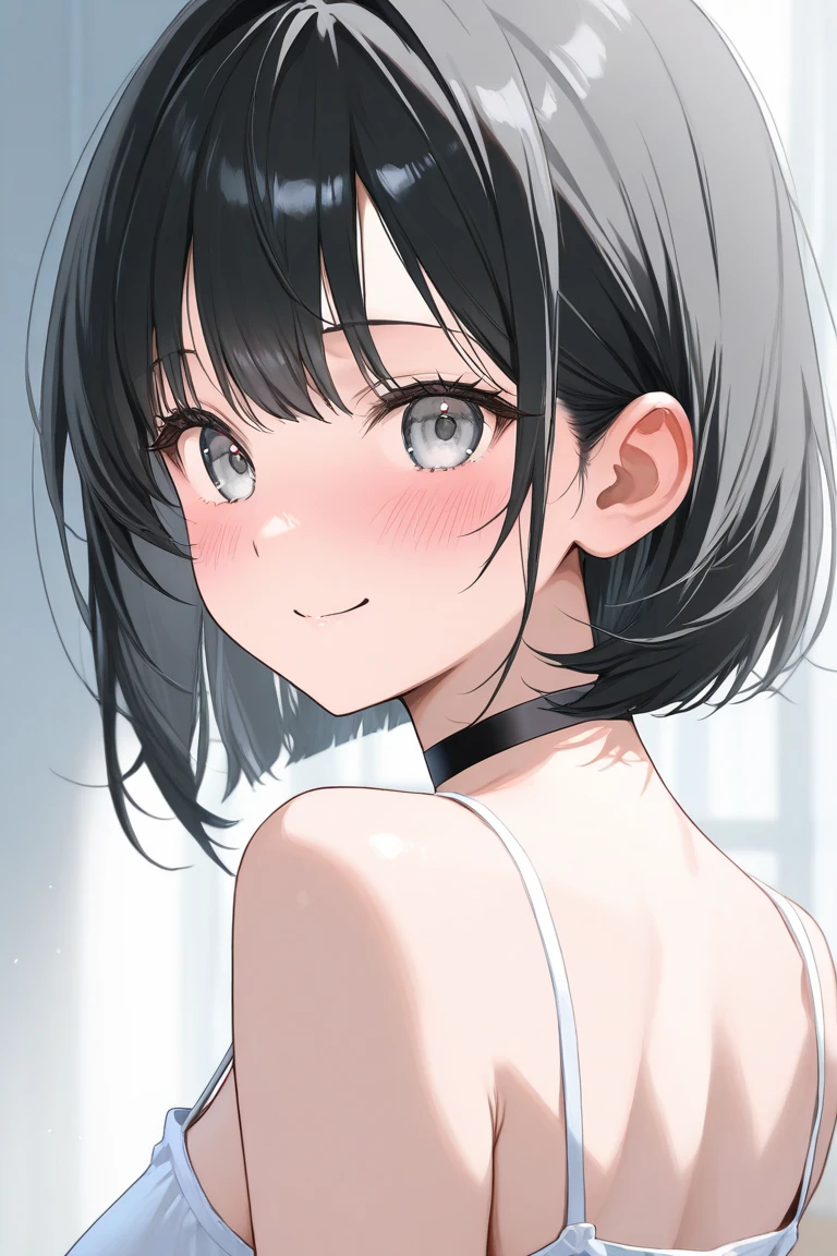 side view,eye-level shot,face focus,open mouth,tongue out,lick,(1girl,Beautiful 16 year old girl),((Slender,Small breasts,Baby Face,Small face)),looking at viewer,Black Hair,bangs,two side up,Gray Eyes,Drooping eyes,slit pupils,narrow eyes,Sheer black and pink negligee,Sexy Lingerie,Beautiful and detailed anime art,Mischievous smile,Dimly lit room,Simple Background,Gray background,Low lighting