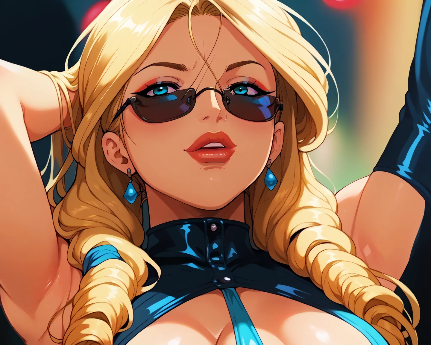 Girl with long blonde hair with blue at the bottom with a red gradient moving up to half way hair, red lips, big breasts, wearing a pilot suit, headphones, sunglasses