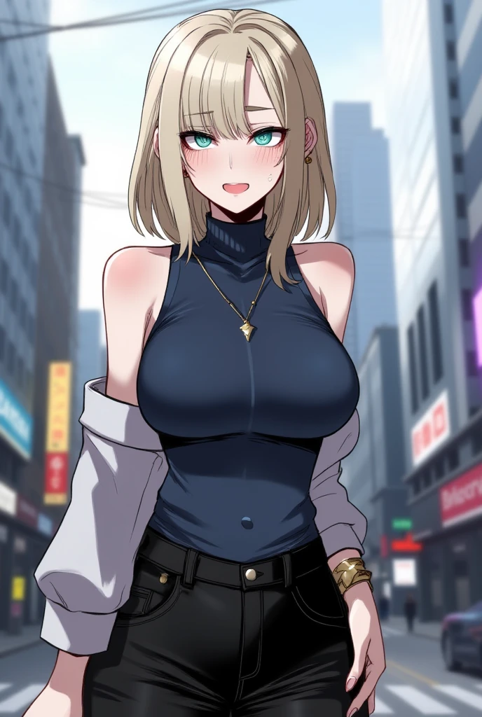 Young woman 18 years: 1.3, Short blonde hair: 1.2, Tall: 1.2, Occupation: 1.2, Daytime: 1.2, On the street: 1.2, Film lighting, Best quality, 8k, short black dress, bare shoulders, bare arms, large breasts ((anime strokes)) Korean girl, seductive look, sexy, open mouth and smiling ((medium breasts)) (best quality)
