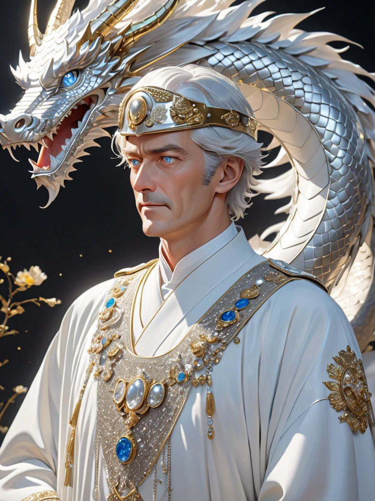 The king is a tall man, 50 years old, strong, loose white hair to his shoulders, light blue eyes, slightly elongated face, aristocratic appearance, fixed gaze, stern, relaxed at the same time,
dressed in a white and silver caftan to his heels, wide white ribbons in precious stones are lowered over his shoulders. Shoulder pads in the shape of a dragon's head made of silver. On his head is a helmet in the form of a dragon's face made of silver, thrown up like a visor, a masterpiece, high detail, ray tracing, detailed correspondence to the description of the character, the character occupies all the space in the image, Лучшее качество, Детально, Высокая детализация, Сетчатка глаза, Сверхвысокая чёткость,Точность, 