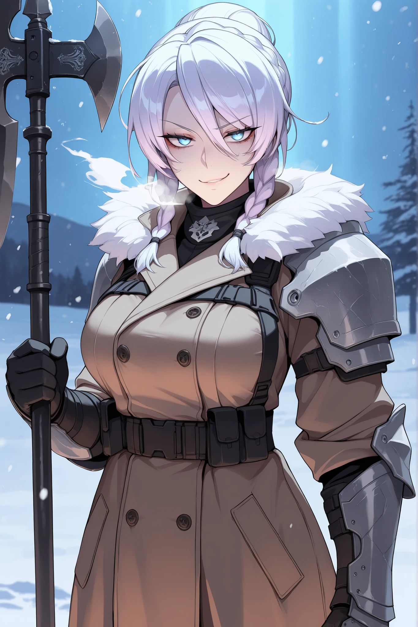 absurdres, (((Ultra HD))), (((Ultra High Quality))), ((hyper detailed)), ((Ultra High Resolution)), (Highly rendered), ((detailed eyes)), (((8K))), ((perfect face)), ((masterpiece)), cinematic, darkened, solo, 1girl, tall, Violet hair, short hair, side locks, hair braids, hair bun, smirk, swept bangs, blue eyes, medium breasts, tactical clothes, black trench coat, fur collar, shoulder armor, gauntlets, halberd, snow, Arctic region, nighttime, moonlight, snowing, heavy snow, blizzard, cold breath
