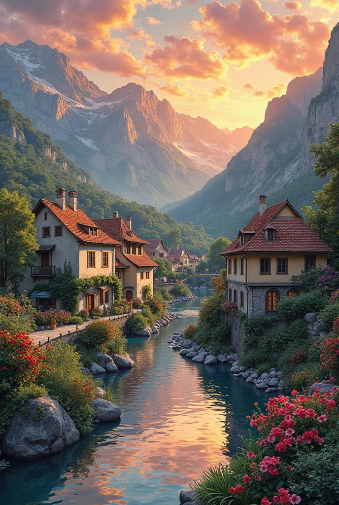 A small village by the river, mountains in the background, colorful flowers, detailed landscape style, beautiful natural scenery, atmospheric lighting,  scorching sunset ,  warm colors, practical, photographic, detailed foliage, complex buildings , cobblestone street, charming country house, vibrant colors, lush vegetation, reflections in the water, pitoresco, idyllic, work of art, Best Quality, 8k, extremely detailed, anime style
