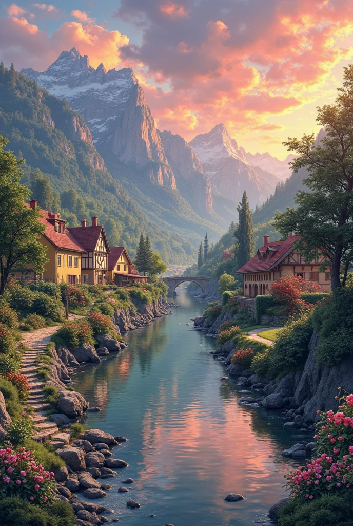 A small village by the river, mountains in the background, colorful flowers, detailed landscape style, beautiful natural scenery, atmospheric lighting,  scorching sunset ,  warm colors, practical, photographic, detailed foliage, complex buildings , cobblestone street, charming country house, vibrant colors, lush vegetation, reflections in the water, pitoresco, idyllic, work of art, Best Quality, 8k, extremely detailed, anime style