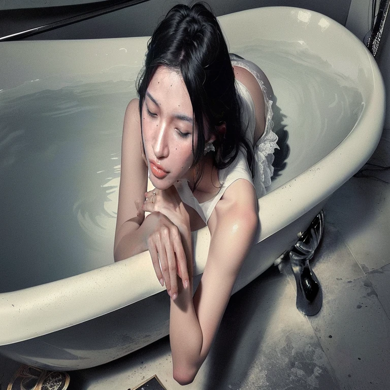 (best quality, highres), (70s setting), side view, [fetishistic session], (realistic), [dirty bath], mature woman, (sitting deep inside bath in muddy substance), detailed face features, soaking wet jeans, dirty touches, masturbation, expression of despair and gloomy ecstasy,tight blouses, vintage atmosphere, retro, vibrant colors, copper-red-haired, freckles,