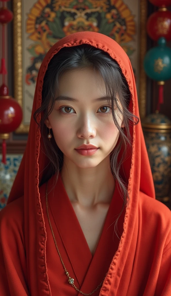 A pretty face nun, wear red clothes. sitting in room containing chinese horoscope feng shui items. bright eyes looking straight 