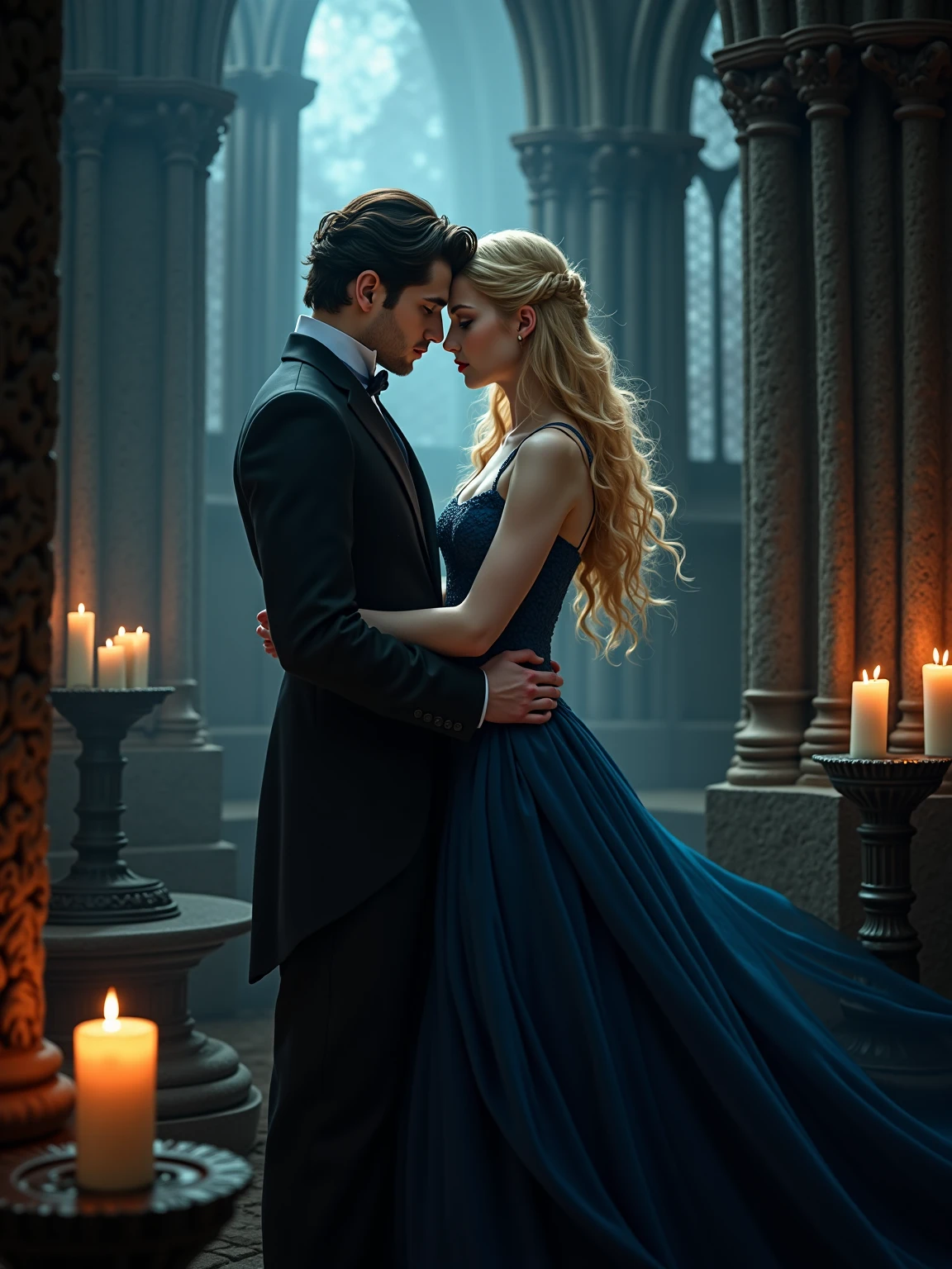 a beautiful gothic picture of a pretty young vampiress with hip-length golden blonde curls and beautiful bright sky-like eyes together with Louis De Pointe Du Lac with black hair from the Chronicles of the Vampire as a couple.