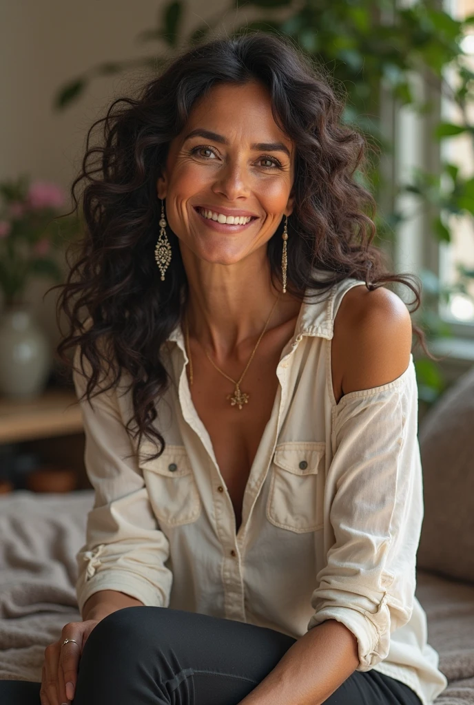 (photorealism:1.2), 65 years old woman, crow's feet, very wave black hair, black eyes, large breasts 1:2, smiling, with silver shiny pants and open satin blouse