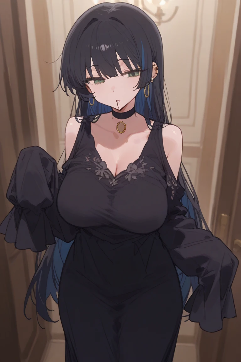 1girl, solo,tangan,cyclops,black hairs,red eyes,breasts,dress,crown,castle,indoors, cowboy shot