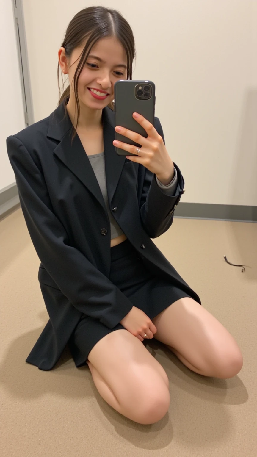 Long-legged beauty taking a selfie in the mirror