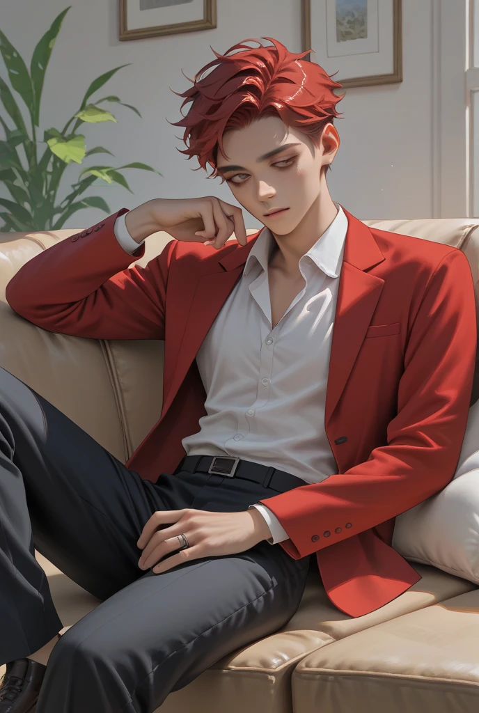 Casual pose, (extremely delicate and beautiful work), (masterpiece), 1boy, overbearing president, white shirt, high detail, suit, watch, cold expression, clear eyes, simple bokeh background, extreme detail depiction, handsome and compelling, super fine painting, delicate face, fine mix4, (8k, RAW photo, best quality, masterpiece: 1.2), (realistic, realistic: 1.37), 1boy, handsome, cityscape, (((night))), rain, wet, professional lighting, photon mapping, radiosity, physically-based rendering, red and white hair,