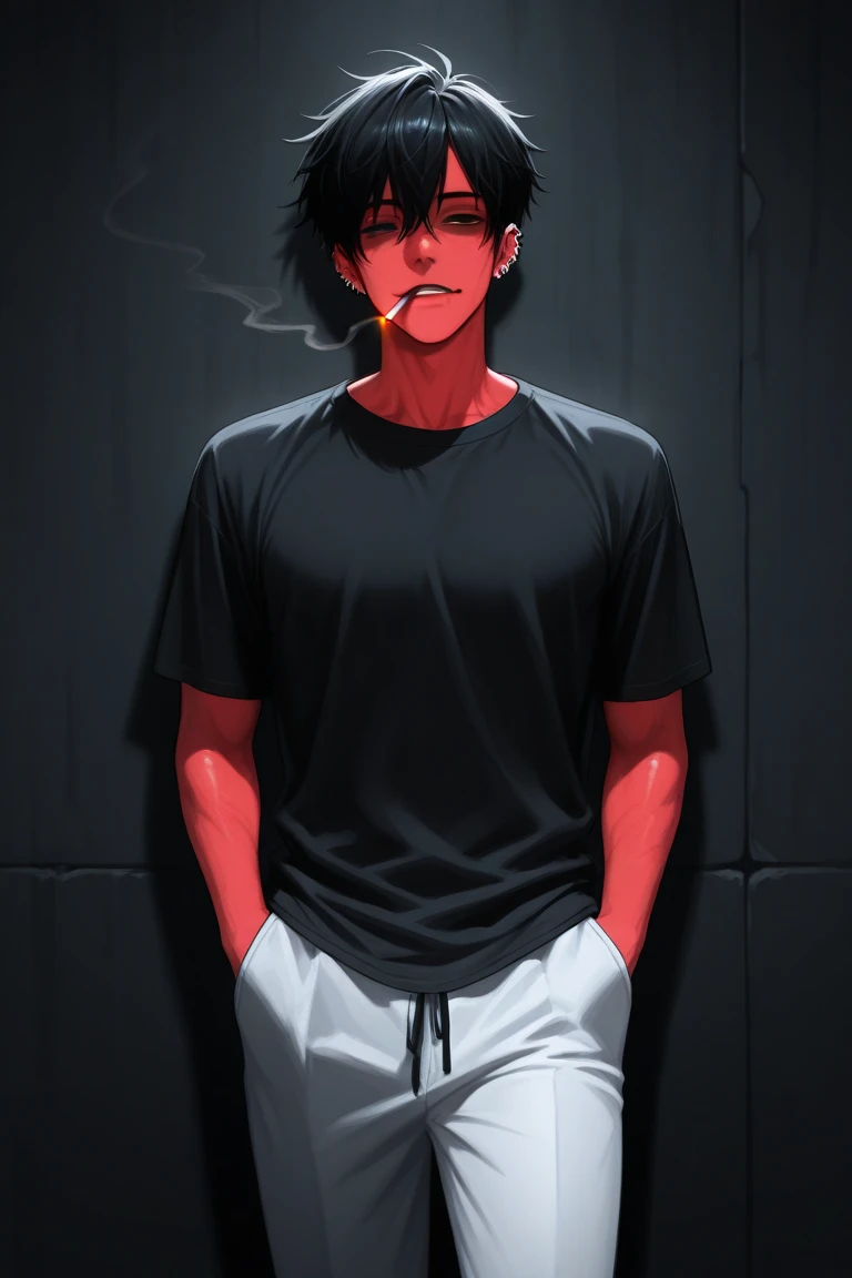 man lighting his cigarette with a lighter, wearing black t shirt and black pants.
manga style, grayscale 2d