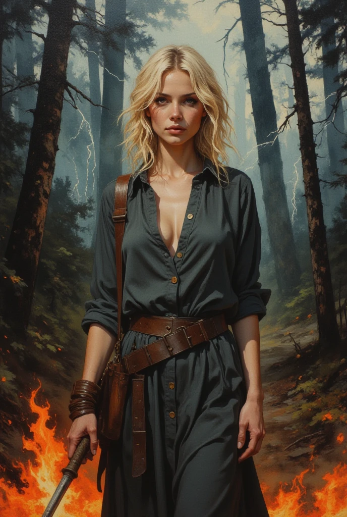 oil painting, sexy woman, 25 years old, blonde, shoulder length hair, dark gray history silk button-down shirt like dress, leather belt, watercolor background of a gloomy forest, black fog, dynamic pose, roaring magic around, fire on the ground, lightning in the sky, portrait, looking straight into the camera, large strokes, high quality details