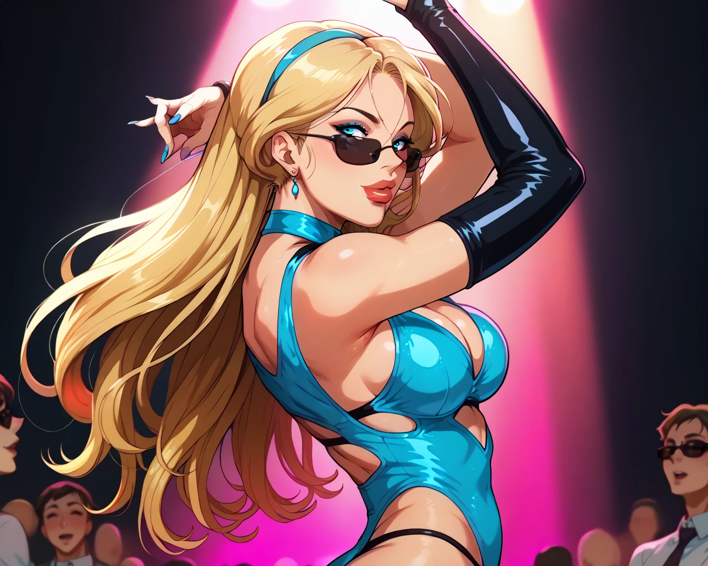 Britney Spears, dressed in a sexy costume, is being held by a group of men. She is in the midst of a struggle, her costume torn and her face contorted with determination. Men, sex-crazed and with dubious intent, are surrounding her, their grip firm as they attempt to restrain her. The scene is set against a concert setting, The image captures a moment of conflict and tension between the britney and the men, with the Britney struggle against the their hold as the central focus.