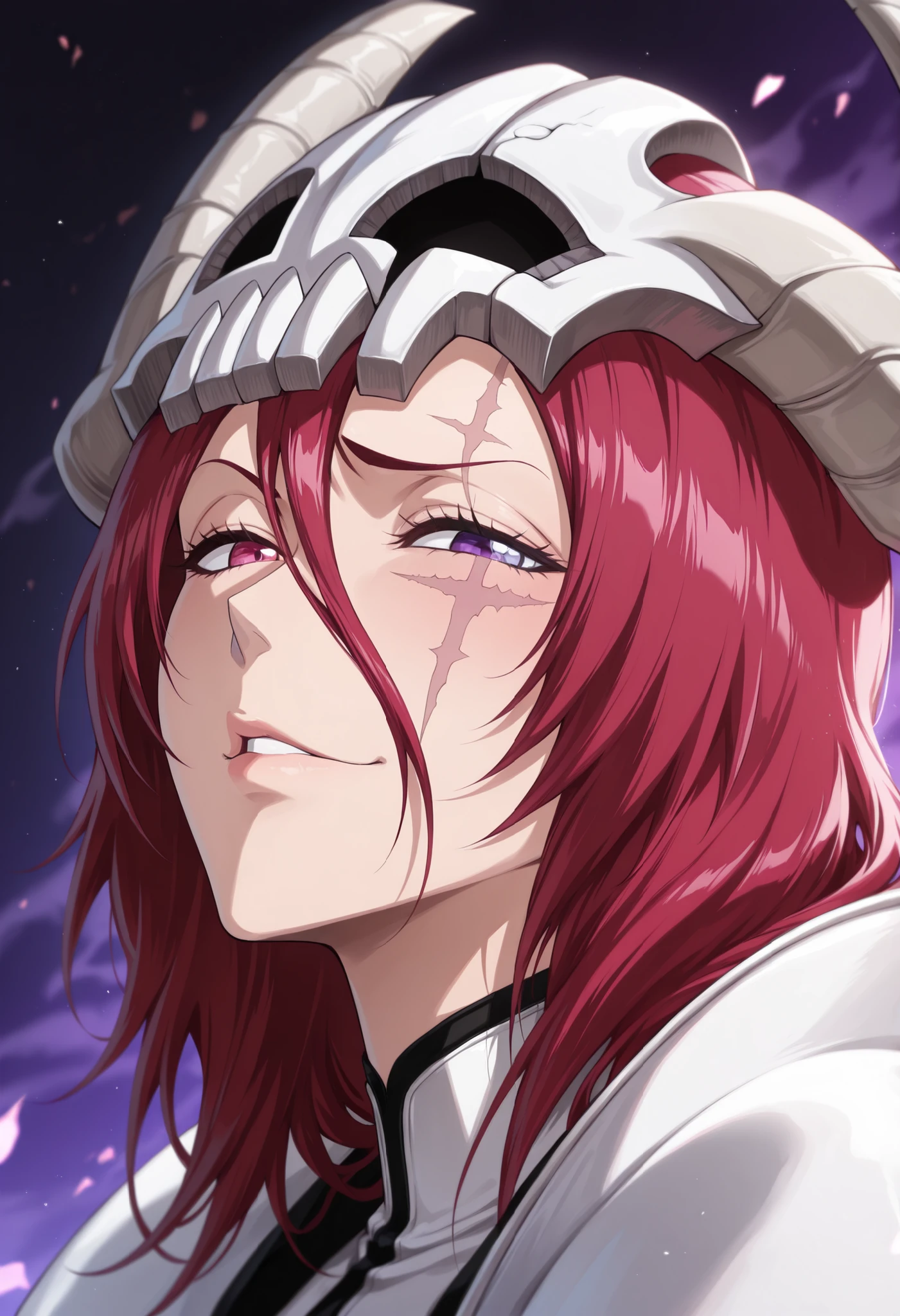 masterpiece,best quality,amazing quality,highres,absurdres,very_awa, upper body, only face, face shot, (((portrait))), close up on face, face portrait, masterpiece, best quality, newest, absurdres, highres, detailed eyes, beautiful, detailed background, beautiful woman, mature,(masterpiece, best quality:1.2), amazing quality, very aesthetic, 32k, absurdres, newest, (masterpiece, best quality:1.2), amazing quality, very aesthetic, 32k, absurdres, newest, (((arrancar))), (((bleach))), 1girl, solo, naughty face, mature female, half-closed eyes, skull_on_head, medium hair, huge horns, white horns, mature female, dutch angle, (morning:0.8), blurry background, glowing light particles, depth of field, raised eyebrown, raised eyebrow, looking for side, tilting up head, embarassed face, red hair, (((heterochromia))), (((right pink eye))), (((left purple eye))), biting own lips, scar mark on left eye