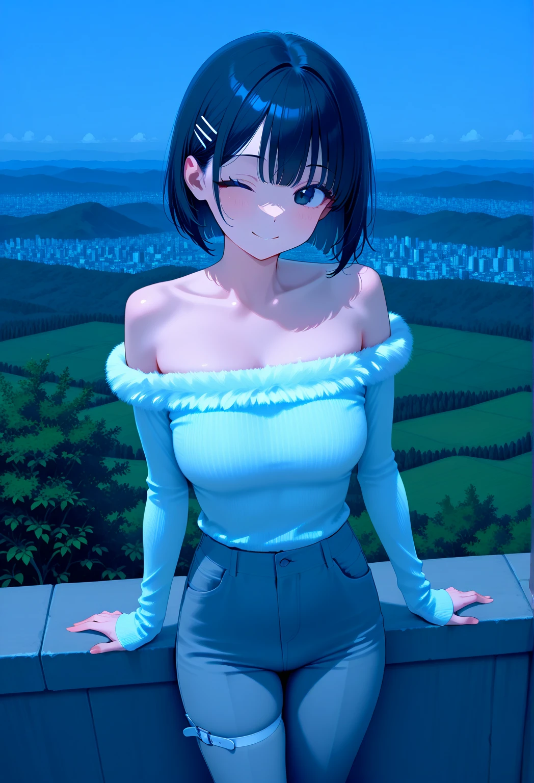 yelendef, upper body, smile, blush, outdoors, day, simple background, blue sky, short hair, sky, temple, looking at viewer, stairs, mountain, moody lighting, facing viewer,