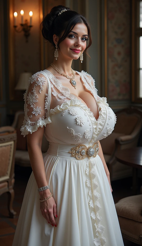 (RAW photo, best quality, masterpiece:1.5),Ultra-detailed,romantic,Beautiful detailed eyes,Beautiful detailed lips,long eyelashes,Flower bouquet,Delicate lace details,dreamy ambiance,Soft lighting,wedding dress,fairy tale stage:,gorgeous decoration,Vivid colors,Emotional moments,Smiling,Joyful,celebration,Happiness,love and romance,Memorable opportunities,Eternal love,special occasions,bride,emotional vows,Unforgettable memories,bride'maid of,Fine Art Prints,Exquisite beauty,sparkling diamond ring,Classic elegance,Captivating portrait,Photorealistic,soothing music,serene ambiance,romantic ritual,Glowing candles,breathtaking scenery,harmony,perfect bond,Graceful movement,happy tear,Magical atmosphere,Eternal happiness,Cherished moments,once in a lifetime experience,I keep my hair up and short ,off shoulders,Long veil,a baby face,childish,Shot from directly above,(NSFW:1.1),(Full Body:1.5),(cute face:1.3),(huge breasts:1.3),(high-heels:1.3),(big hips1.3),(medium thighs:1.3),(breasts slightly exposed:1.3),(cleavage of the breast:1.3),(lipgloss:1.3),(Playful eyes:1.3),(Scarlet lips:1.3),(Fine skin texture:1.3),(Precise and perfect human ???????:1.3),(Exquisite and perfect facial features:1.3), (Long eyelashes:1.3),(Scarlet lips:1.3),(The lips are shiny and textured:1.3),(Fine skin texture:1.3),(Beautiful detailed eyes:1.3),(Natural Color Lip:1.3),(look straight into the camera:1.3),(long earrings:1.4),(long earrings:1.4),(very long earrings:1.4),(wearing three stacked diamond necklaces with large pendants:1.5)