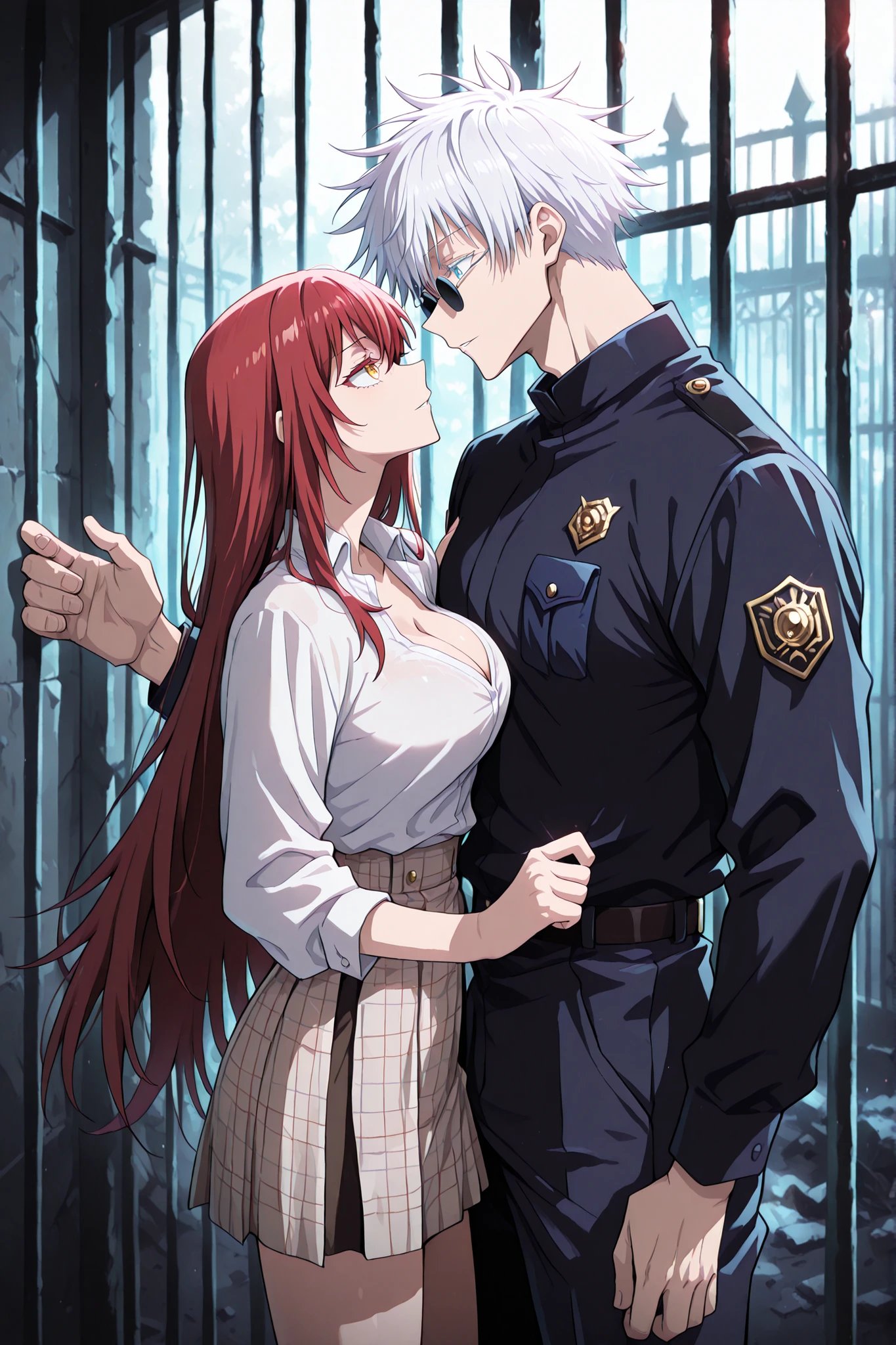 1boy, male focus, gojou satoru /(jujutsu kaisen/), white hair, short hair, round sunglasses, blue eyes, colored eyelashes, sexy man, handsome, male police uniform, standing in front of the prison cell BREAK 1 woman , adult , Jujutsu Kaisen , golden eyes , very long hair , (red hair) , (medium breasts:0 . 8) , petite , very cute , beautiful , standing behind bars in a prison cell, white blouse, short plaid skirt, cleavage, holds on to the grid bars, grins mischievously BREAK duo focus, couple, hetero, (size difference, height difference), looking at another, face to face ,dynamic pose, very wide shot, from side, side view, BREAK masterpiece, best quality, very aesthetic, absurdres, newest, cinematic, cinematic lighting, cinematic shadows, cinematic composition, anime coloring, anime screenscap from jujutsu kaisen