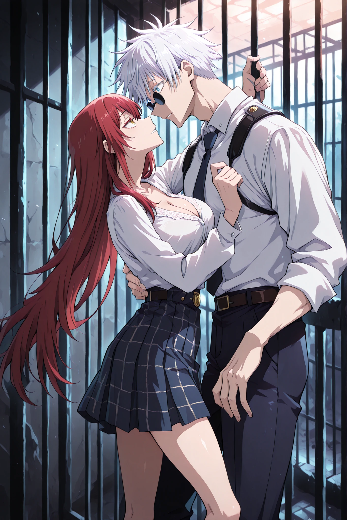 1boy, male focus, gojou satoru /(jujutsu kaisen/), white hair, short hair, round sunglasses, blue eyes, colored eyelashes, sexy man, handsome, male police uniform, standing in front of the prison cell BREAK 1 woman , adult , Jujutsu Kaisen , golden eyes , very long hair , (red hair) , (medium breasts:0 . 8) , petite , very cute , beautiful , standing behind bars in a prison cell, white blouse, short plaid skirt, cleavage, holds on to the grid bars, grins mischievously BREAK duo focus, couple, hetero, (size difference, height difference), looking at another, face to face ,dynamic pose, very wide shot, from side, side view, BREAK masterpiece, best quality, very aesthetic, absurdres, newest, cinematic, cinematic lighting, cinematic shadows, cinematic composition, anime coloring, anime screenscap from jujutsu kaisen