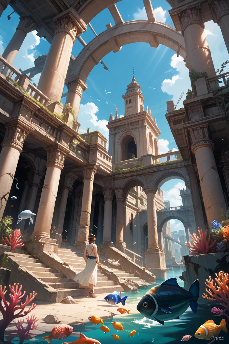 anime style, super fine illustration, highly detailed, dynamic angle, beautiful detailed, 8k, To investigate the underwater ruins, a diver dives into the water. BREAK The diver holds an underwater light, illuminating the ancient buildings and statues as he goes along. The ruins are surrounded by colorful fish and coral, creating a beautiful and wonderous sight. The diver tries to uncover the secrets of the ruins, while being drawn by their mysterious charm.