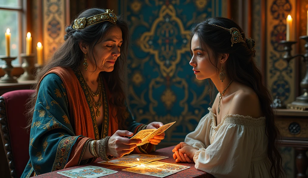 a gypsy fortune-teller holds tarot cards in her hands, she reads a young beautiful girl sitting at the table opposite her in a realistic way