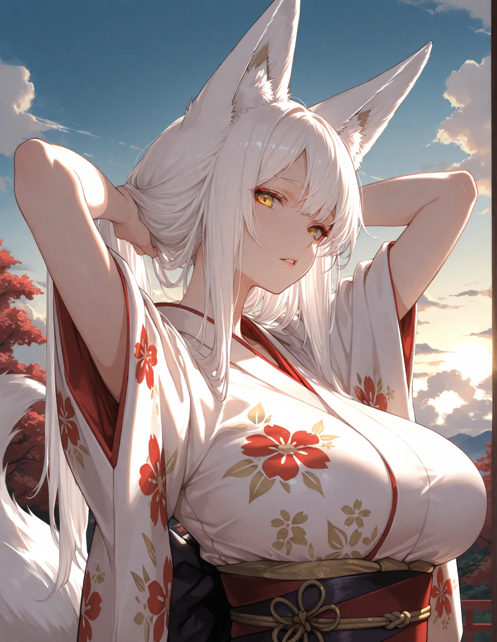 Fox Girl, adorned with a nine-tailed fox’s tail, stands boldly in an open frame. Kimono-clad, the art piece created by Iwata Toshiya and Tanaka Hiroshi, boasts a resolution of 8K. The renowned artist, Okuyama, collaborated with Kurosawa Kenji for its conceptualization. The fox girl's body, accentuated by the kimono's open chest, showcases a dominant, naughty アヘface with an emphasis on cleavage, revealing just enough bare skin to tease the viewer. The fox makeup and fox ears adorn her striking face,