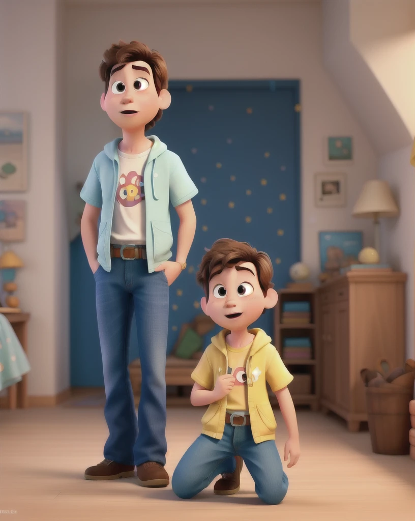 Personagem 3D, um homem jovem e com barba e um cabelo preto muito curto e estiloso com um leve topete, vestindo um avental branco de um    fisioterapeuta pediatrico, olhos castanhos, lindos grandes olhos reflexivos circulares, grandes luvas brancas, brown dress shoes, camiseta azul com estampa escrita Dr.Antonio FisioKids and a logo with an astronaut and a description below Evolve Kids, the scene in the background is that of a physiotherapy clinic (film composition), (Estilo Pixar:1.2), (CGI animation: 1.2), (Disney: 1.2), (desenho animado: 0.2), (melhor qualidade, Obra de arte, 4k, ultra detalhado, sharp focus, 8K, High definition:1.2), (por Danny Mac 3D, por Follygon), (Obra de arte: 1.2), absurdos