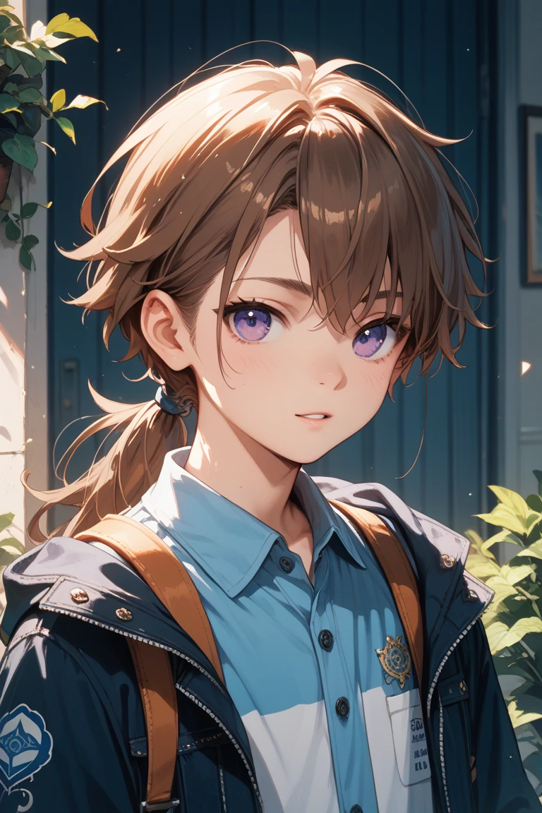 A young man with brown hair and blue-purple eyes with low ponytail