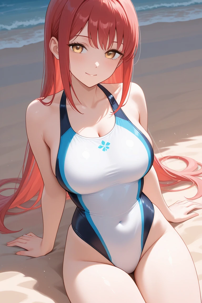 (8k, RAW photo:1.2),best quality, ultra high res,dramatic angle, masterpiece, best quality, extremely detailed CG unity 8k wallpaper, masterpiece, best quality, ultra-detailed) perfect face, oil, girl, Muscular, Perfect breasts, blush , ((Black Ballcap)) Ponytail that comes out of back of Ballcap , auburn hair, (red swimsuit.), full body, cleavage