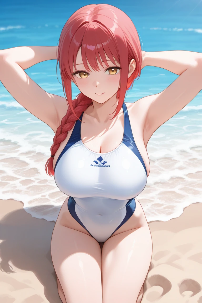 "tmasterpiece,Close-up shot,sportrait,Best Picture Quality,solo person,Off-the-shoulder clothing,Large breasts,cleavage,the original god,Nilu,swimming uniform,beachside,Greenery