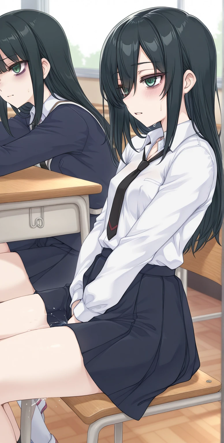 (One tall woman,Black Hair,Long hair,Red Eyes,Dynamic Angle,Slightly larger breasts,Slightly wider thighs)Woman sitting on chair,Summer uniform sailor,Black ribbon,Short skirt,Black long tights,The background is the living room