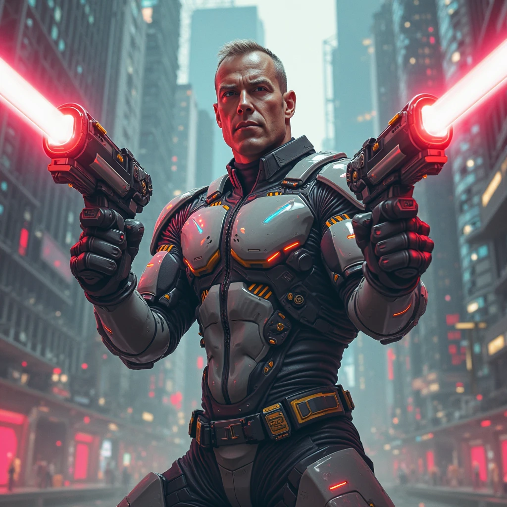 A muscular man wearing cyberpunk gear,Holding a lightsaber on the rooftop,Behind is a night view of the slums