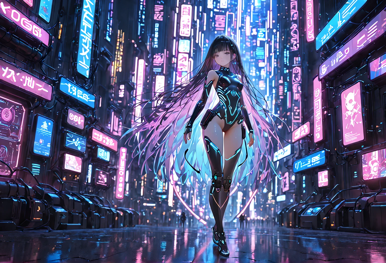 Illuminate a futuristic cityscape with neon lights where 3D hearts and roses pulse to the rhythm of urban life, with Cupid soaring overhead amid fractal skyscrapers.