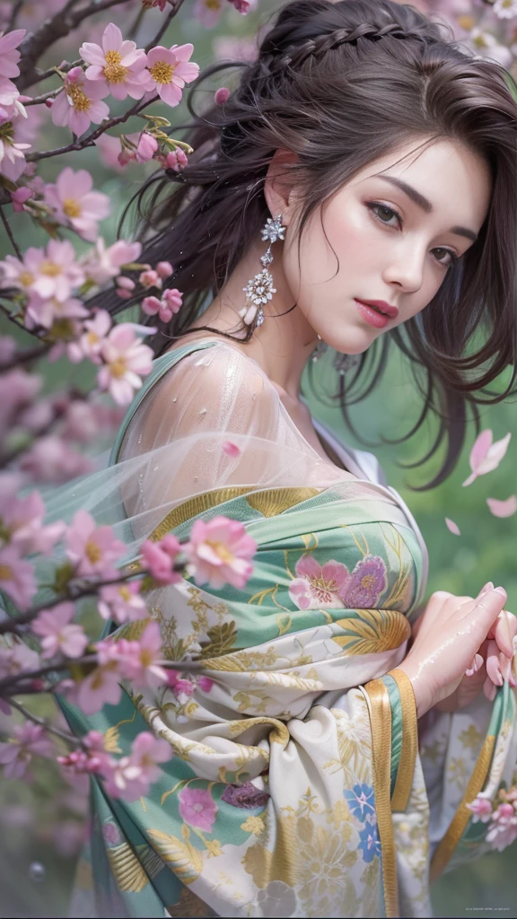 loose outfit、Show shoulders、Navel Ejection、How to wear a gown with a dark see-through halter neck broken、Decorated with intricate patterns and pastel colors、Transparent material that makes the skin shine、Artistic depiction of seductive woman in gown with wet thin cloth and transparent skin, Floral and fantastic pattern with flowing silky traditional see-through skin。Her dress draped elegantly around her curvaceous figure、Emphasizes her charming silhouette。She's a gentle fireworks night、Dynamic Posing、Sexy Posing、bathed in the soft glow of moonlight。The scene is、With a hint of mystery and sensuality、It exudes an ethereal dreamy atmosphere。The image style is、It incorporates a blend of watercolor and digital illustration techniques.、It makes you feel delicate beauty and charm。Soft moonlit lighting、Cast gentle highlights and shadows on her mesmerizing features。Dynamic Posing、Bold poses、The hand is somewhere、see -through、show through、A sexy、Wet hair、Wet、cherry trees、flower petals、cherryblossom、The cherry tree、Sakura blizzard、buried、Transparent skin、Wet clothes、Chest Pulling、Translucent clothes、Eau、nudde、garterbelts、fishnet tights、huge moon、Upper body photography、masutepiece