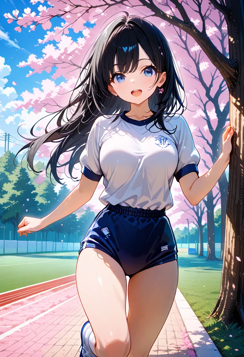 top-quality、Full limbs、complete fingers、One beautiful woman、Beautiful Large Breasts、straight haired、Brown hair、、White gym clothes with dark blue cuffs、Dark blue bloomers、Raw feet、A big smile、schools、school buildings、sports ground、school ground