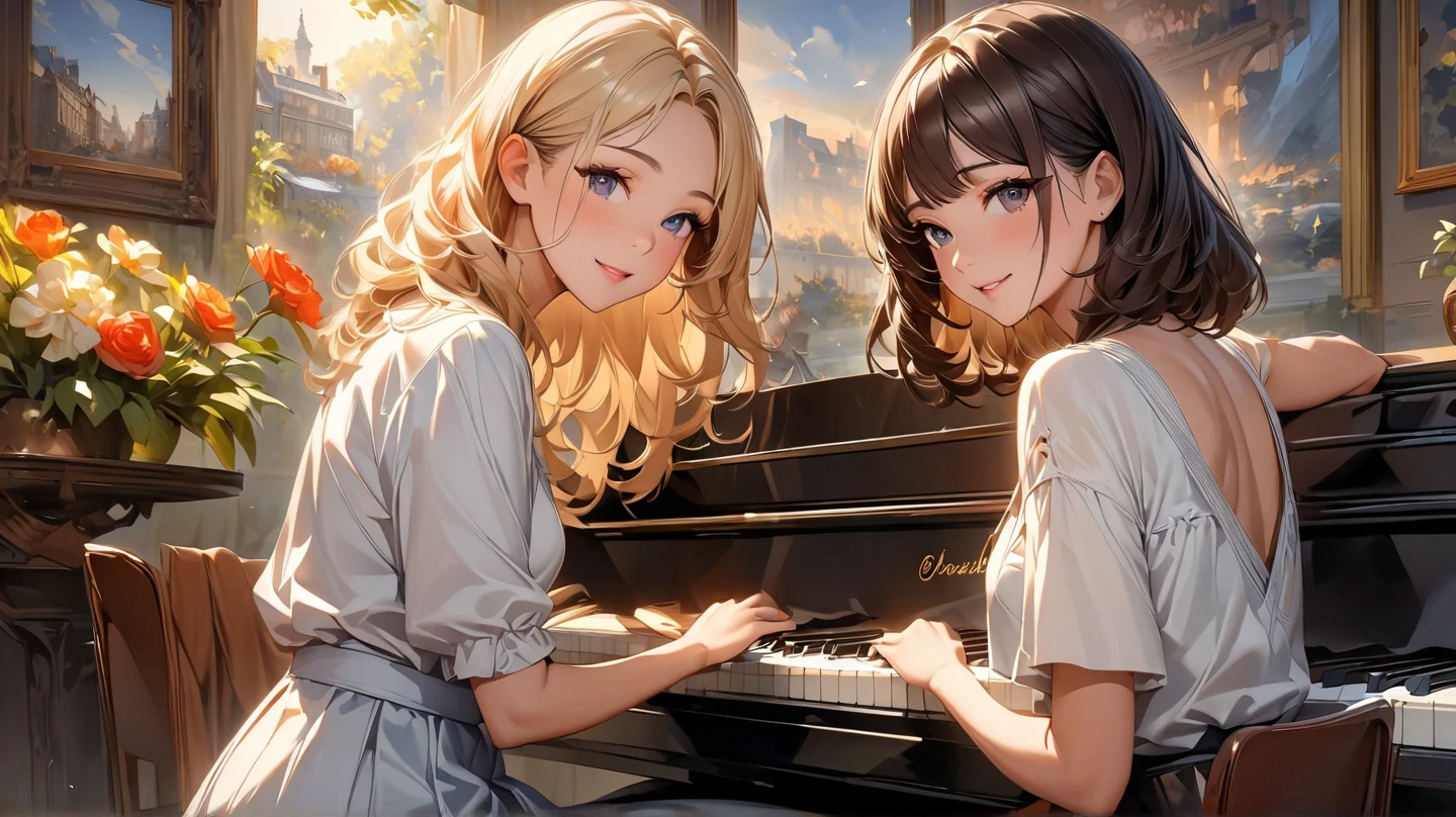 Comfortable的房間裝飾著一幅描繪巴黎街邊一個露天咖啡廳，Oil painting of a cute girl playing the piano with a triangle. This painting is the central decoration of the room, Catch everyone's eyes. Let us create a high-quality hint for stable diffusion，to produce a beautiful image that brings the scene to life:

"Comfortable,  Warm Room ，A large oil painting, Show a picturesque view of the streets of Paris at dusk. The light should be carefully designed，Soft strokes，gives one a feeling of tranquility and tranquility。. The focus of the image is the detailed depiction of the cafe,   Golden Sun , 創造一種包圍觀眾的Comfortable氛圍. This painting itself is A masterpiece, Exquisite penmanship, with fine details, with a soft. The light should be carefully designed, captures the dreaminess of the moment. wall paintings decorated with elegant picture frames , Warm Light, elegantly creates a charming atmosphere, Inviting the audience to immerse in what is being filmed The tranquility and beauty of the moment. The image should be of the best quality, with high resolution and ultra-detailed rendering，Capture the painting and its surroundings The Nature of the Environment. Art style should reflect traditional oil painting techniques, Focus on realistic and photo-level realism.  colors that should be warm and attractive , Expresses the elegance of rich tones，Infused with warm radiance. color，to highlight the painting and create a sense of depth and dimension throughout the scene. hints should convey a sense of awe and tranquility, invites the viewer to walk into this tranquil lakeside oasis."

Remember not to include any explanations，The light 