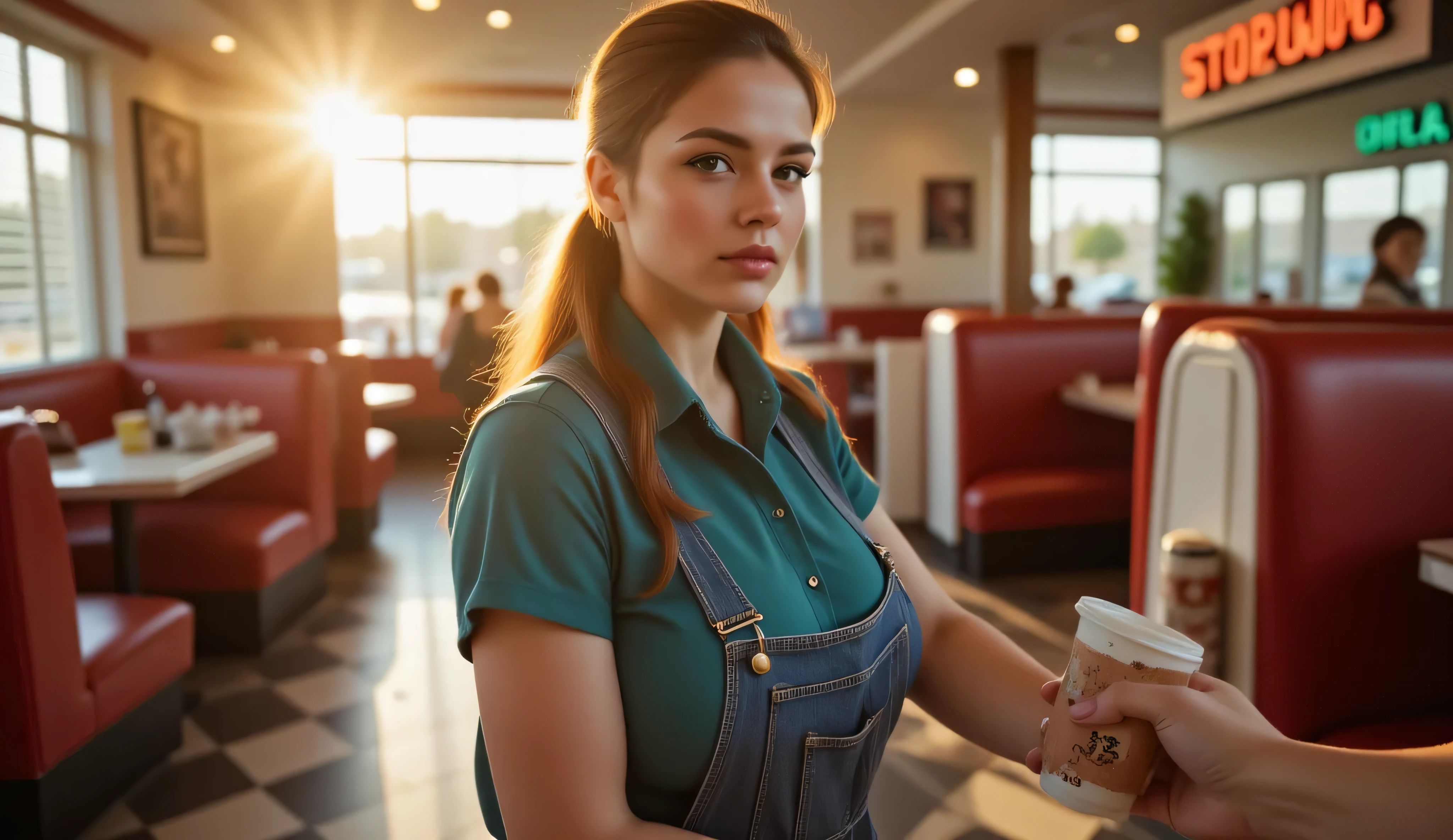 A young waitress with a visible facial scar stands behind the service counter of a retro American diner during golden hour. She is wearing a teal work shirt and denim overalls, her hair tied back in a ponytail. Her expression is focused and slightly tense, reflecting the stress of a busy shift. She is in the process of receiving a food order—holding a coffee cup or plate from the kitchen pass-through window. Warm sunlight streams through the diner’s blinds, casting dramatic golden shadows across the checkered floor and red vinyl seats. The atmosphere is nostalgic, with vintage decor and a soft cinematic glow enhancing the emotional depth of the scene. Other customers and staff are blurred in the background, emphasizing her as the central subject.