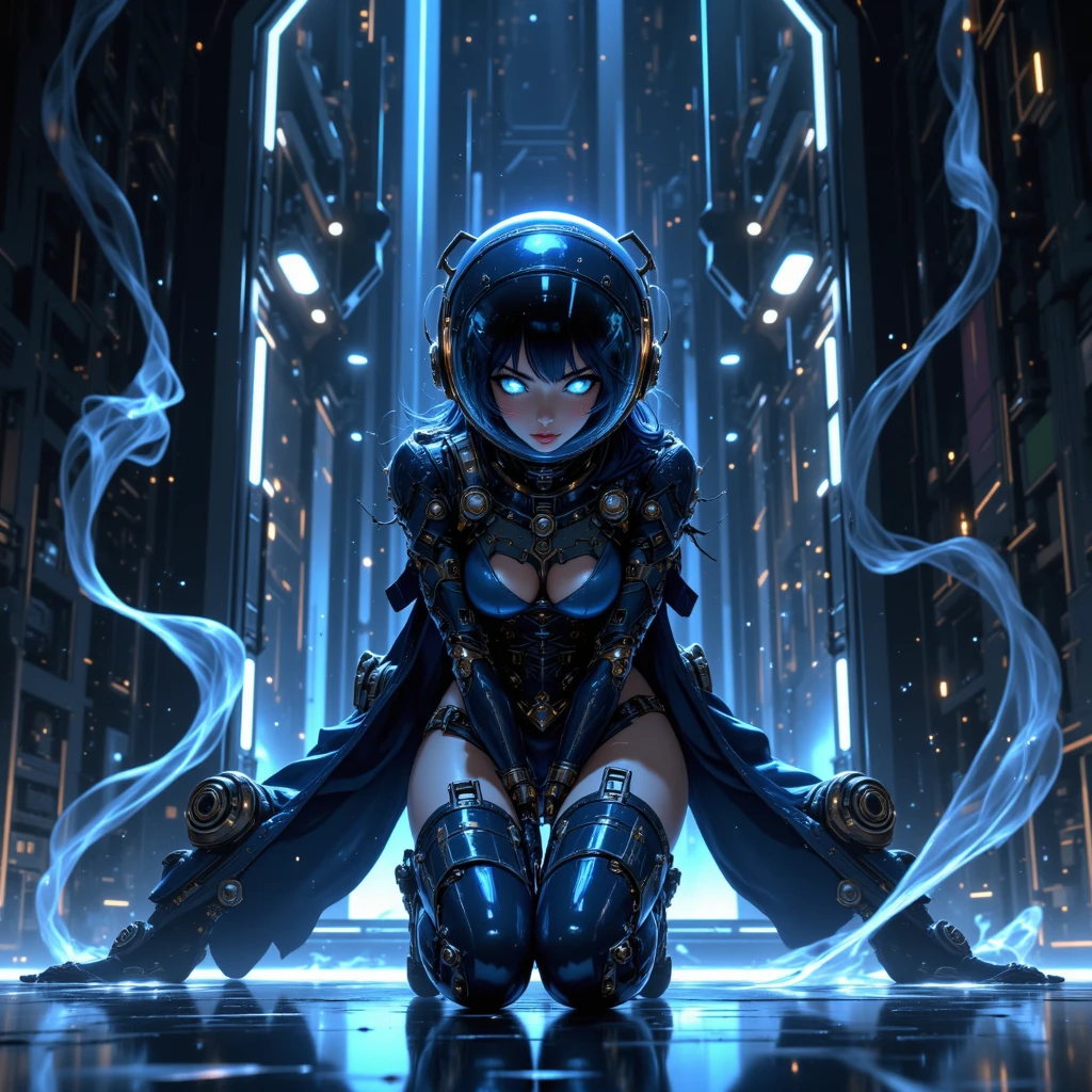 8k, masterpiece, top quality, Japanese Anime、 for women's full body ,Translucent, navy blue,  like glass , details, spherical helmet, buckle, Strap, Machine Elements ,  smooth,  like glass 質感, large amounts of small particles,  dark, blurred,  Highlights,  smooth surfaces, curve, Iridescent, monochrome, navy blue shades,  dark background, Three Dimensional, digital art , 3D renderings, Midea, visual appeal.long hard boots 、Shining Blue Eyes、 like glass curveが美しい宇宙船、Kneeling pose、Optical fiber network、Mirror-polished floor、simple background、Waves of Light、water wave 、Smoke wave、エナメル調の光沢のあるnavy blue色のボイラースーツ