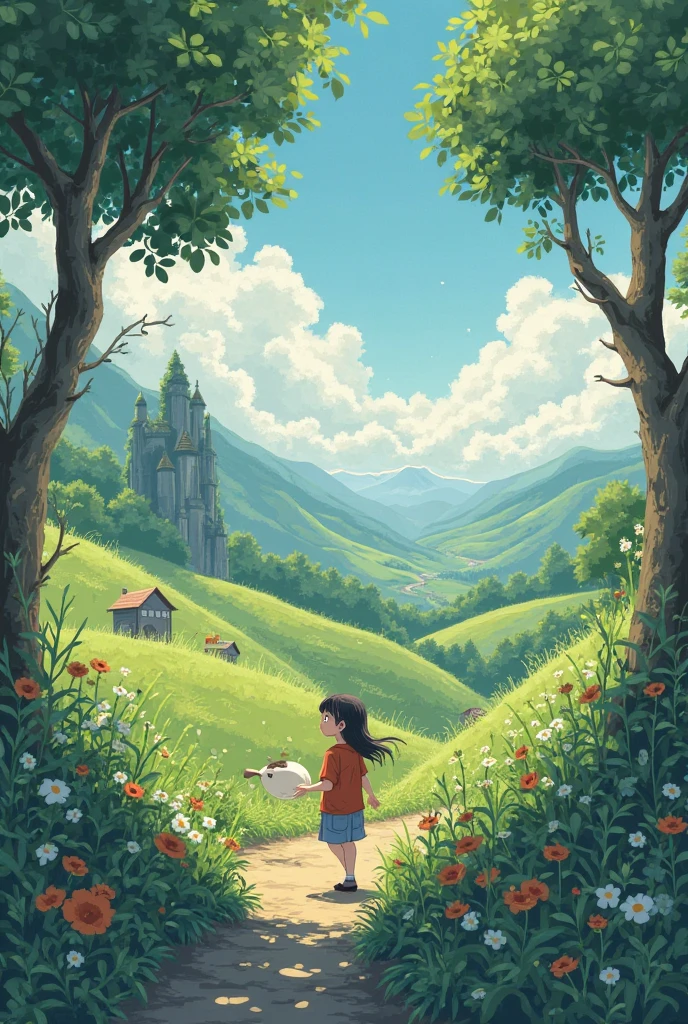 Of a person walking around in ghlibli style 